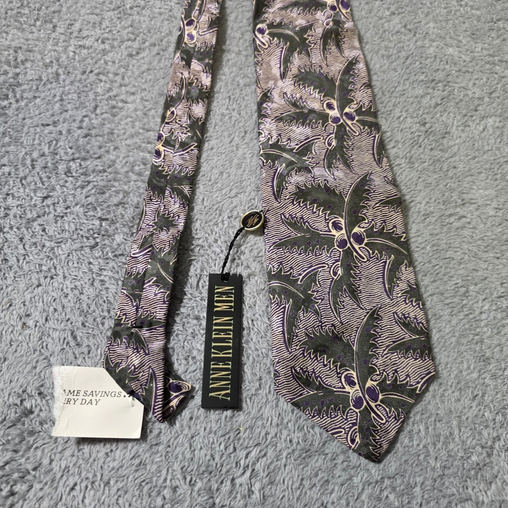 Anne Klein Men OS Necktie Green Purple Silk Palm‎ Leaf Italian Fabric Hand Made